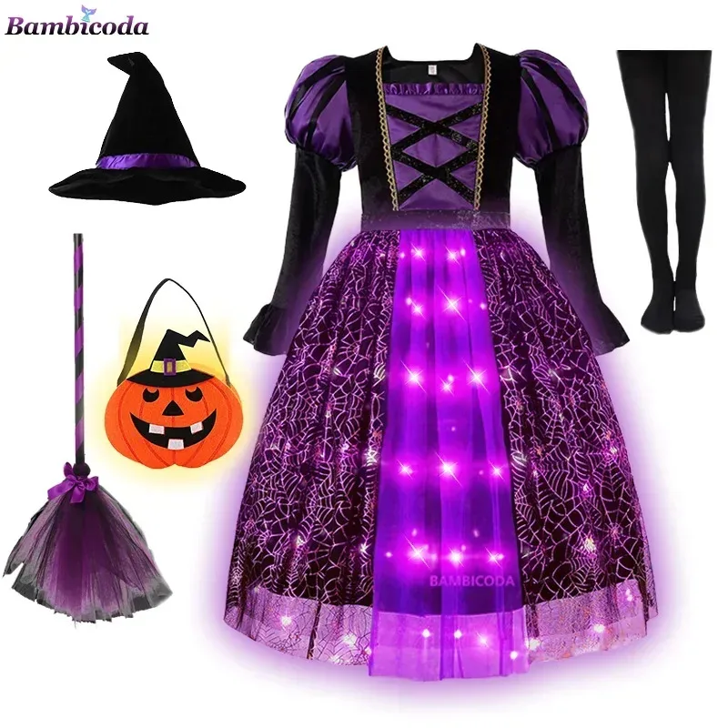 Disfraces de Halloween de bruja brillante para niñas, vestido largo morado con luz LED para niños, traje de cosplay de Carnaval con sombrero de escoba 72b