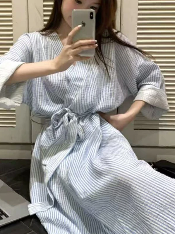 Striped Sleepwear Women's Long Sleeve Loose Home Gown Belted Casual Comfortable Spring Autumn Seasonal Lightweight Robe
