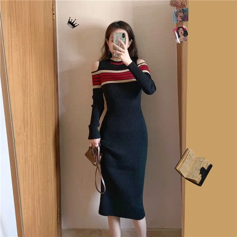 WTEMPO Women crew neck long sleeve cutout sexy dress split dress slim mid long dress for women winter fall dress women clothing