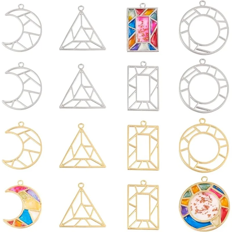 32pcs Geometric Open Bezel Pendant 4 Styles Partially Open Back Bezel Partially Hollow Out Charm with 1 Roll Seamless Paper Tape