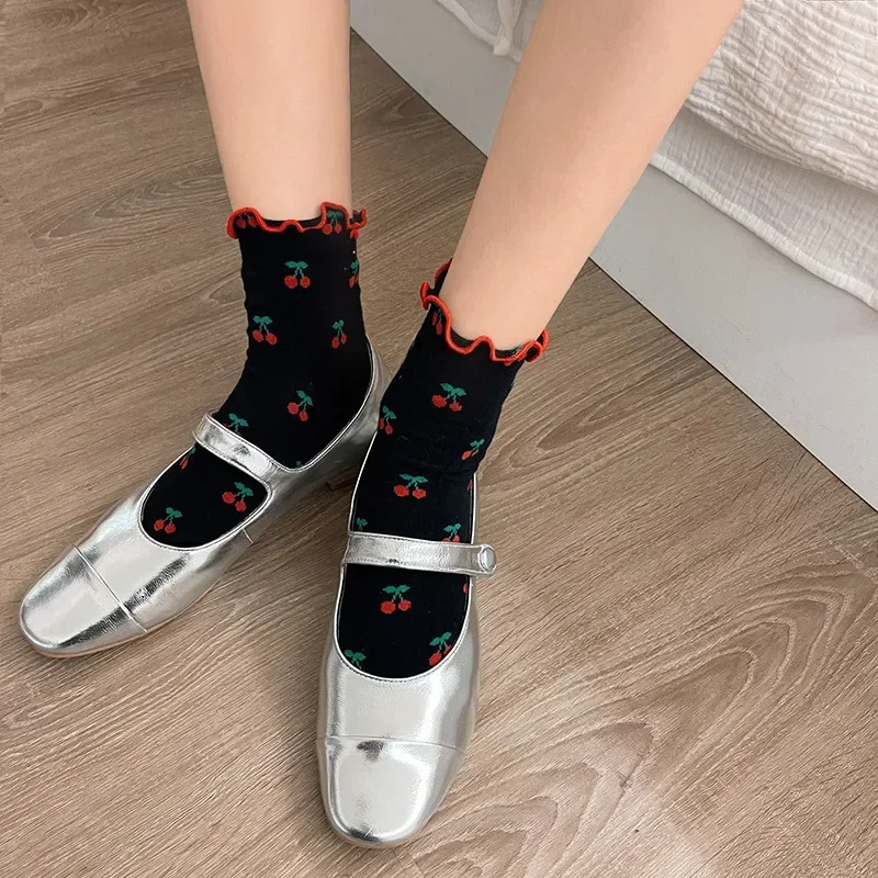 Cherry Print Ruffle Socks Cotton Thin Breathable Japanese Kawaii Cute Low Tube Socks Women JK Lolita Sweet Girls Short Socks Sox