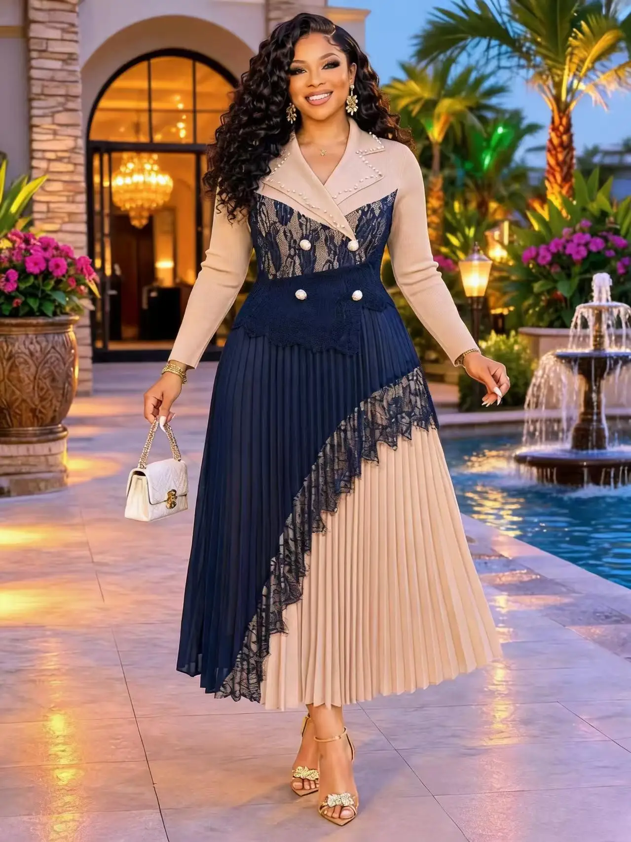 Miyake Fashion Suit Collar Lace Splicing Pleated Skirt Waist Skinny Temperament Elegant Long Dress 2026 New
