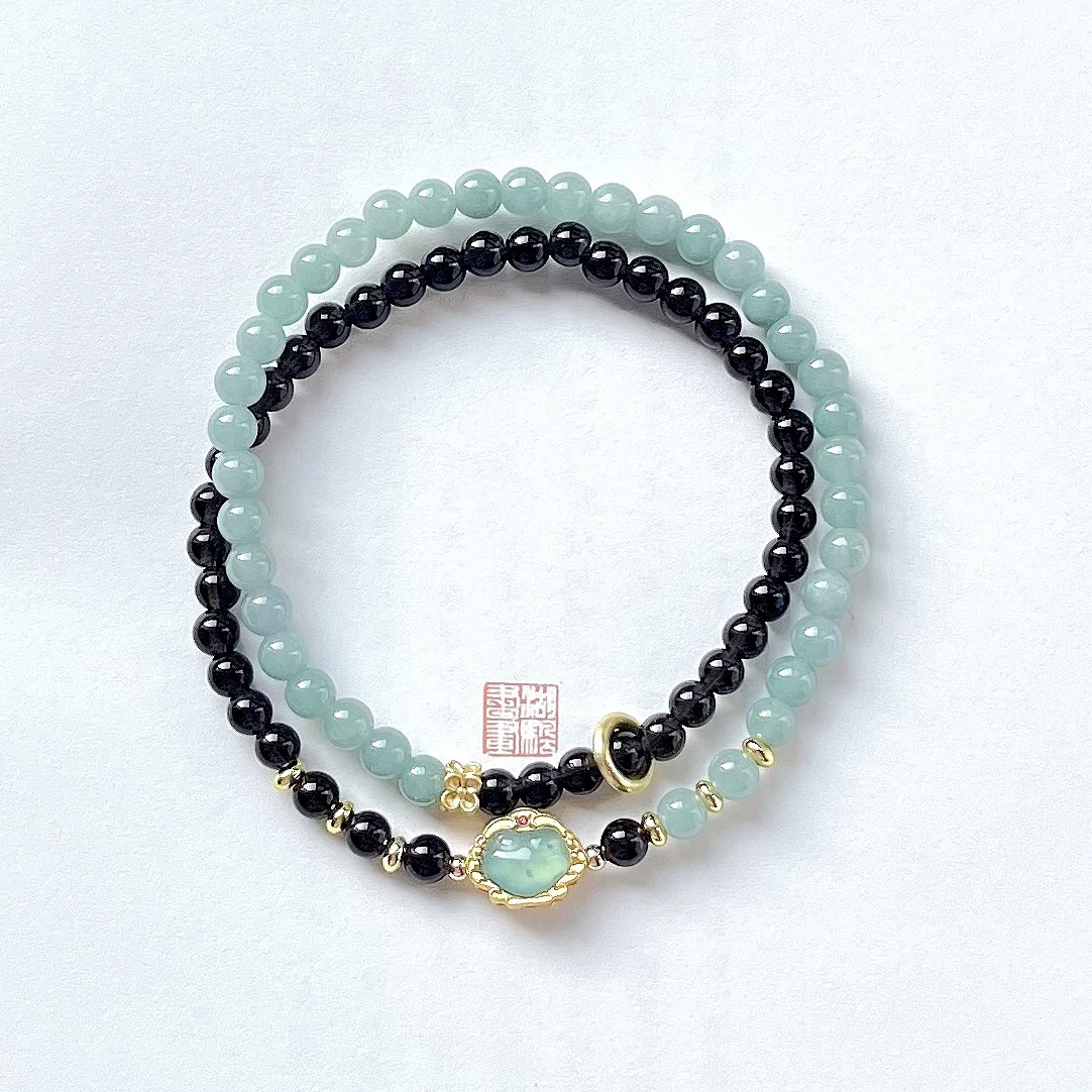 

Unique Design Obsidian Double-Loop Handchain Jewelry Gift Neo-Chinese Blue Water Jadeite Ruyi Bracelet For Women