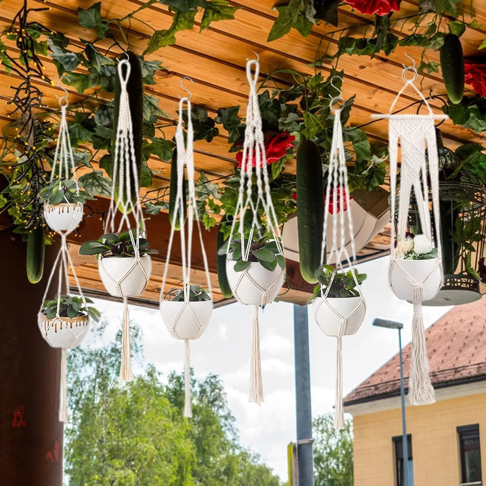 Macrame Plant Hanger 6 Pieces Bohemian Macrame Holder Handmade Planter Holder For Indoor Outdoor Wall Ceiling Garden Porch Home