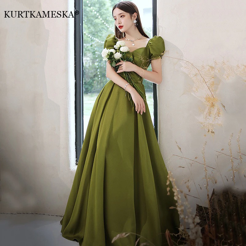 

Elegant Simple Green Short Sleeve Evening Dress Stain Prom Dresses Luxury Long Party Gown Floor Length Maxi Dress Corset