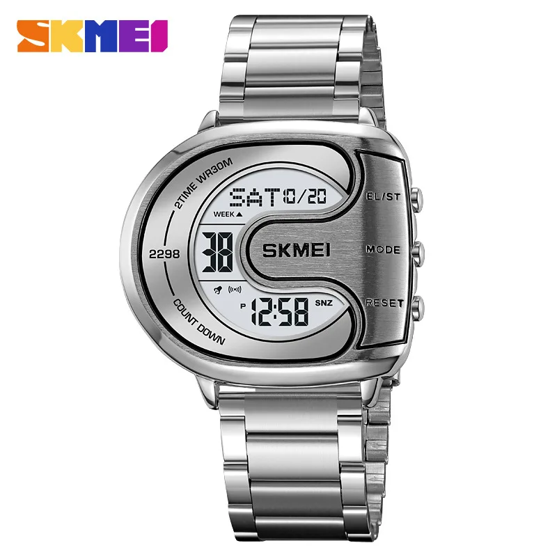 ساعة SkmeiNew للرجال، ساعة إلكترونية عصرية على شكل خاص، متعددة الوظائف، مضيئة مقاومة للماء