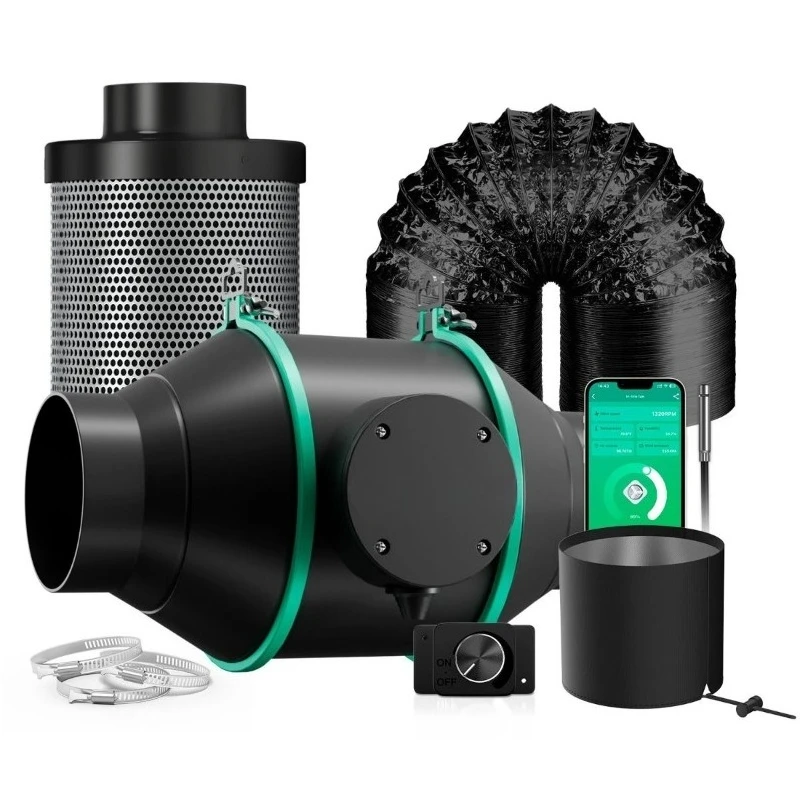Ventilador canalizado em linha silencioso inteligente de 4 polegadas e kit de ventilação combinada com filtro de carbono