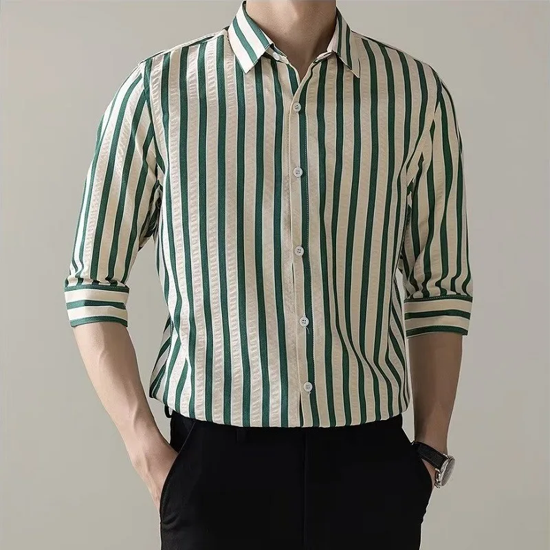 Men Stripes Shirts Short Sleeve 2023 Summer Turn-down Collar Tops Casual Fashion Blouse Slim Male Single-breasted Shirts