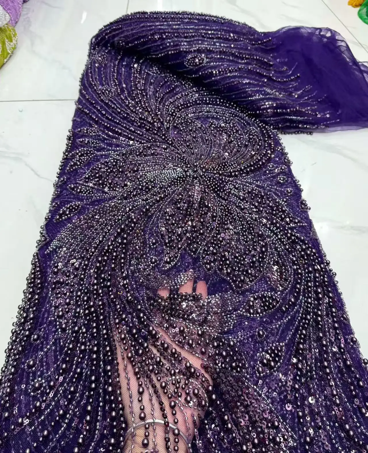 

5 ярдов африканского кружевного полотна 2026: высококачественный французский тюль с бисером, роскошное нигерийское кружево с пайетками для свадебных платьев