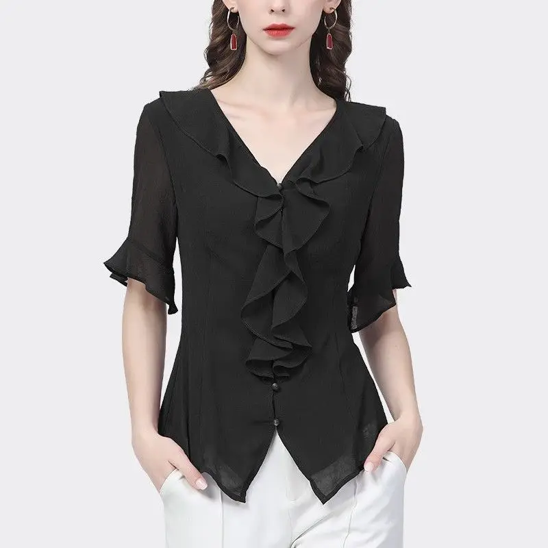 

Elegant Women Clothing Chic Lace Chiffon Shirts Summer New Y2K Fashion Casual Short Sleeve Ruffles V-neck Pullover Slim Bloouse