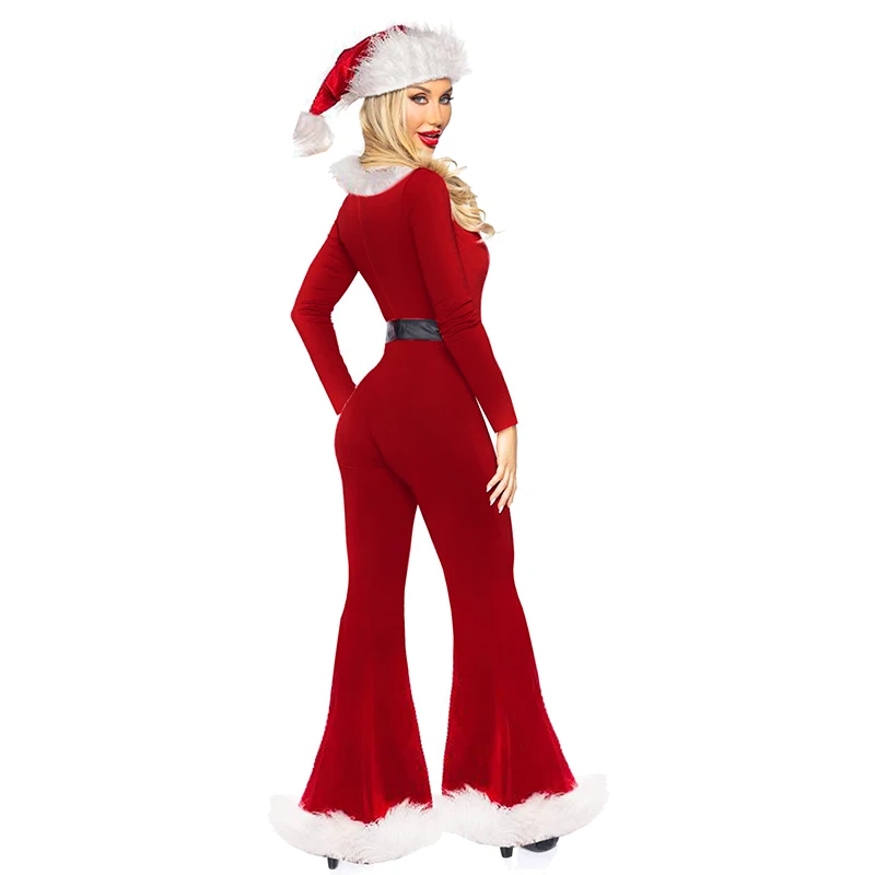 Women Red Christmas Costumes Cute Long Sleeve Flared Jumpsuit and Santa Hat Set for Cosplay Role-Playing Party Outfits