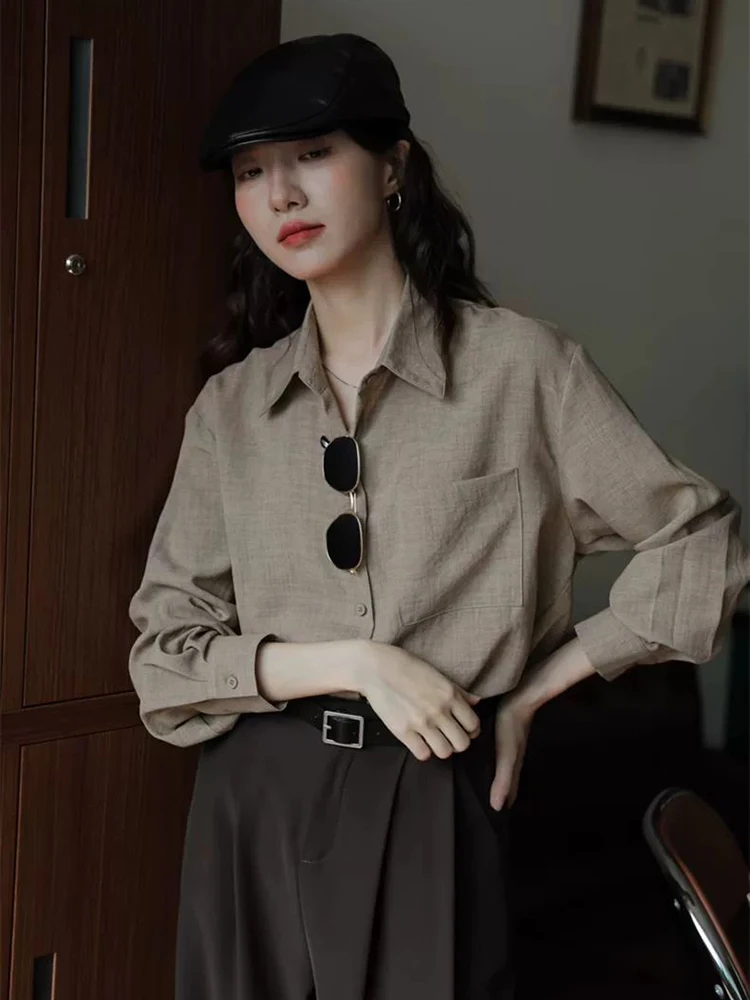 Camicia verde vintage da donna coreana chic moda top a maniche lunghe Harajuku tutto abbinato solido casual camicetta elegante da donna da ufficio nuova