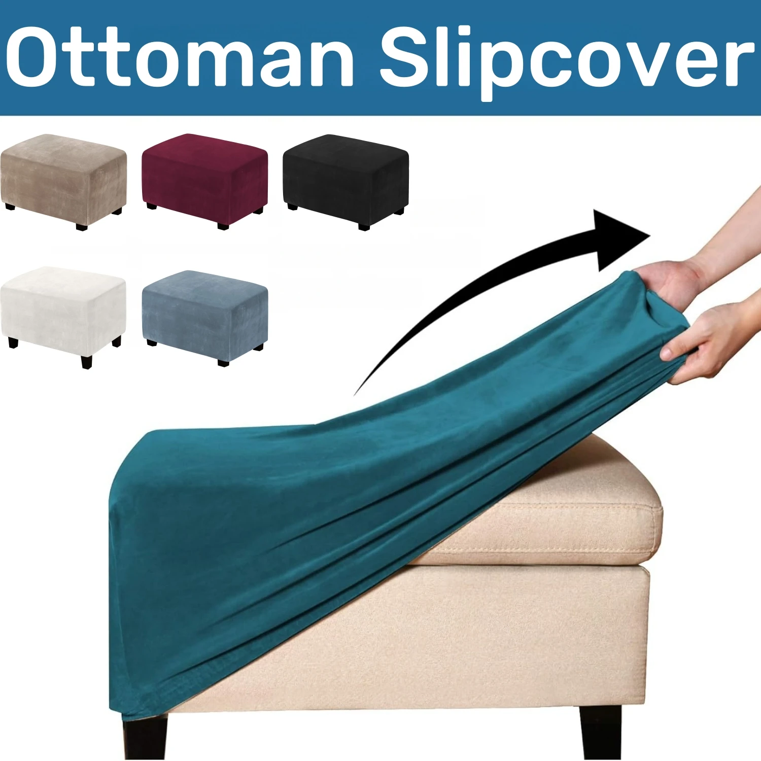

Plush Velvet Rectangle Ottoman Slipcover Footstool Protector Covers Stretch with Elastic Bottom Machine Washable