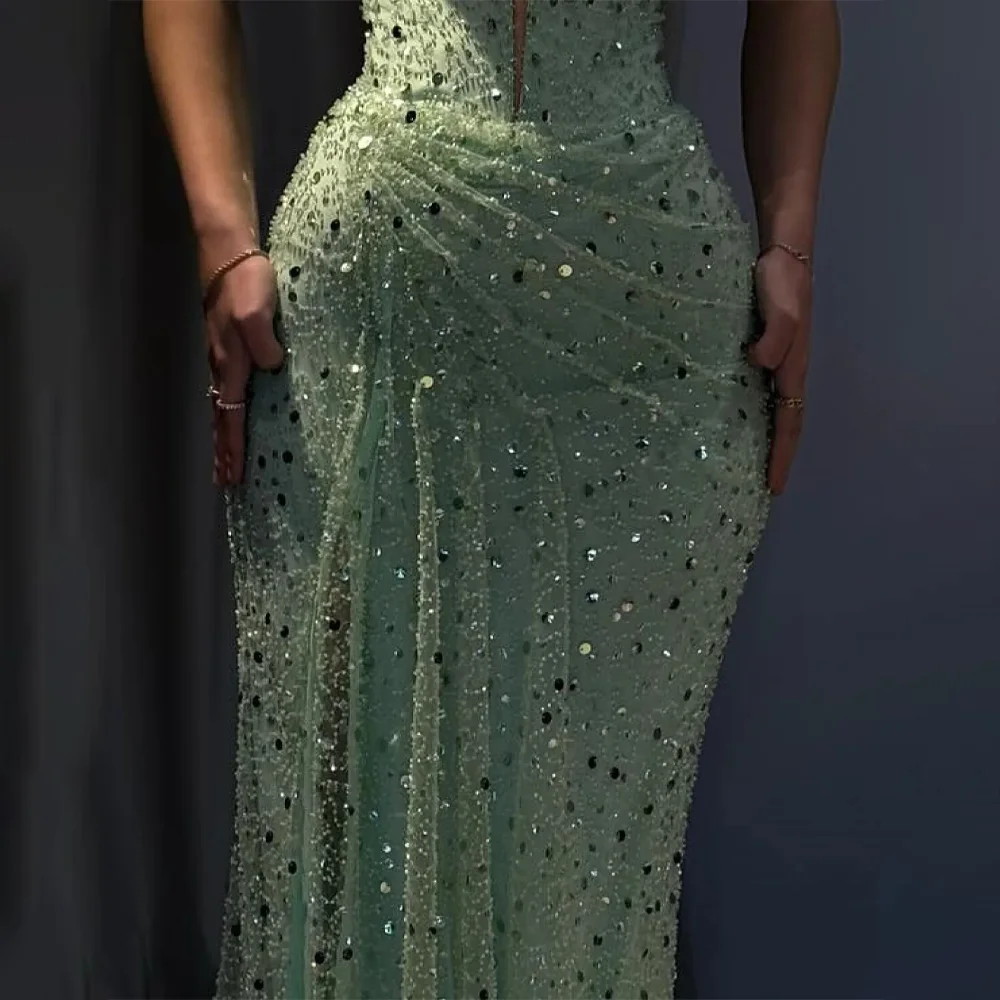 MANRUIXIN مخصص بلينغ حورية البحر فستان حفلة موسيقية حجم كبير بلا أكمام كريستال عالية الشق مطرزة مطوي فستان طويل امرأة دي غالا