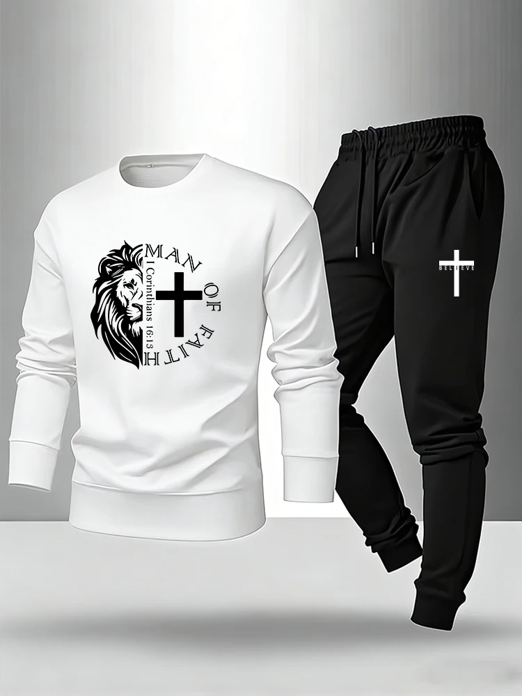 

Spring Autumn Casual Warm Outfit Male Fashion O-neck Hoodie Suit Jesus Man of Faith Men's Set Longsleeve T-shirt & Sweatpants