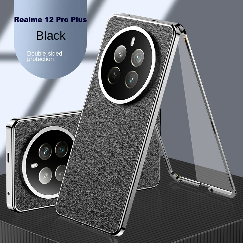 360 Full Protection Metal Bumper Clear Front Glass Case for Realme 12 Pro Plus RMX3840 RMX3841 Back PU Leather Cover Protector