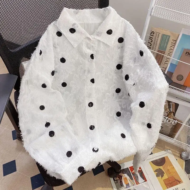 

Summer Large Size Men's Loose Sun Protection Shirt Thin Design Tassel Polka Dot Casual Style Long Sleeve Mid-Length Cardigan