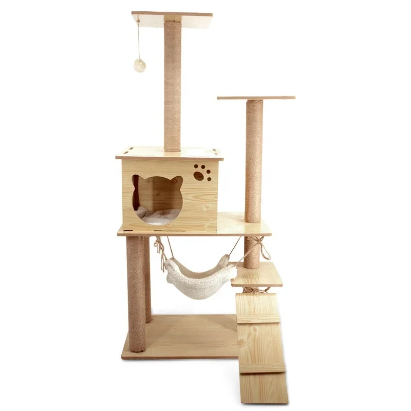 

Secure large size pet luxury modern condo scratcher indoor cat climbing tree sisal post toy cat play tower wood frame furniture