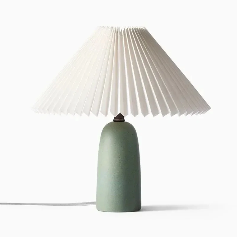Matte Conical Ceramic Table Lamp Nordic Pleated Fabric Shade Desk Lamp Bedroom Bedside Living Room Indoor Home Decor