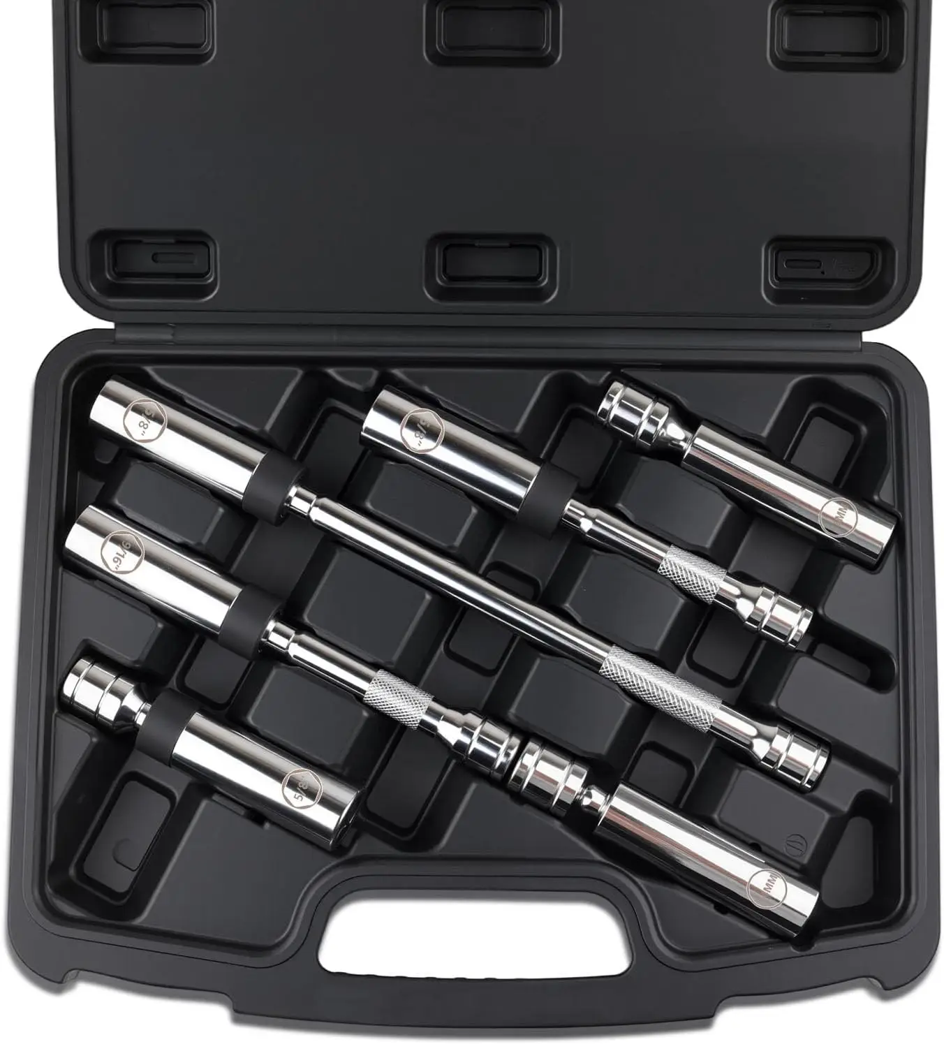 

6pcs 3/8" Drive Magnetic Swivel Spark Plug Socket Set with 9/16", 5/8", 14mm, 16mm Sockets and 4", 6", 10" Extensions