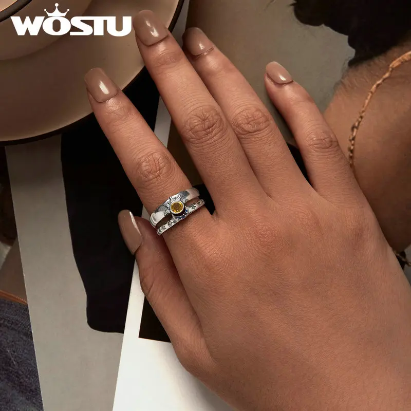 WOSTU 925 Sterling Silver Sun Moon Star Couple Open Rings Blue CZ Yellow Crystal Party Stackable Rings Anniversary Gift Sz 6-9