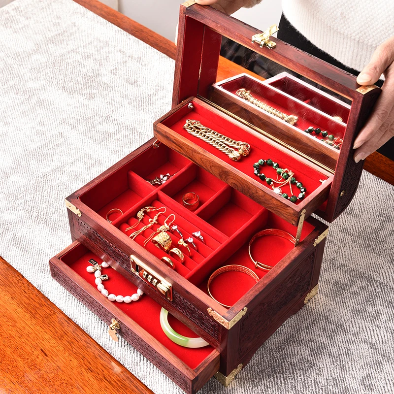 Solid Wood Jewelry Box Organizer with Lock Jewelry Boxes Storage Drawer Ring Necklace Bracelet Earrings Display Stand Accessory