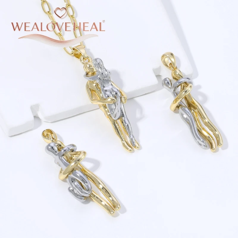 anhänger schmuck，anhänger schmuckherstellung，2er-Set 18K vergoldeter Messing-Anhänger, zweifarbiger Umarmungs-Liebhaber-Charm für DIY-Halsketten-Schmuckzubehör, Geschenk – Detail 19