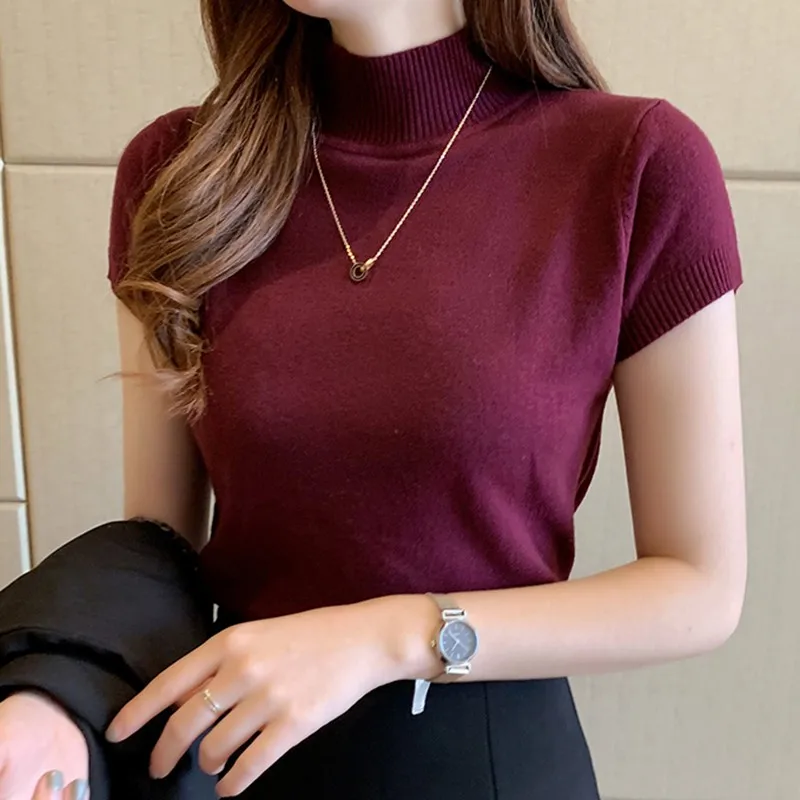 Half Turtleneck Slim Knitted T-shirt Women Elegant Solid Short Sleeve Casual Versatile Spring Pullover Tops Casual Skinny Tops