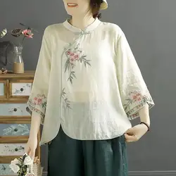 Retro Folk 2024 Estate Nuovo Cotone Lino Camicette Colletto alla coreana da donna Bottoni ricamati Impiombato Allentato Manica 3/4 Pullover Camicie