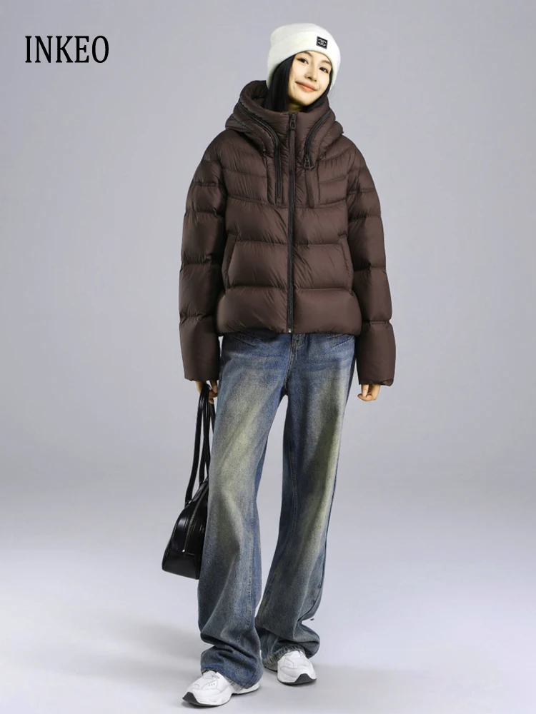 

Модный пуховик на молнии с капюшоном для женщин Oversize 2025 Осень-зима Однотонный теплый 90% белый утиный пуховик Повседневная INKEO DJ512