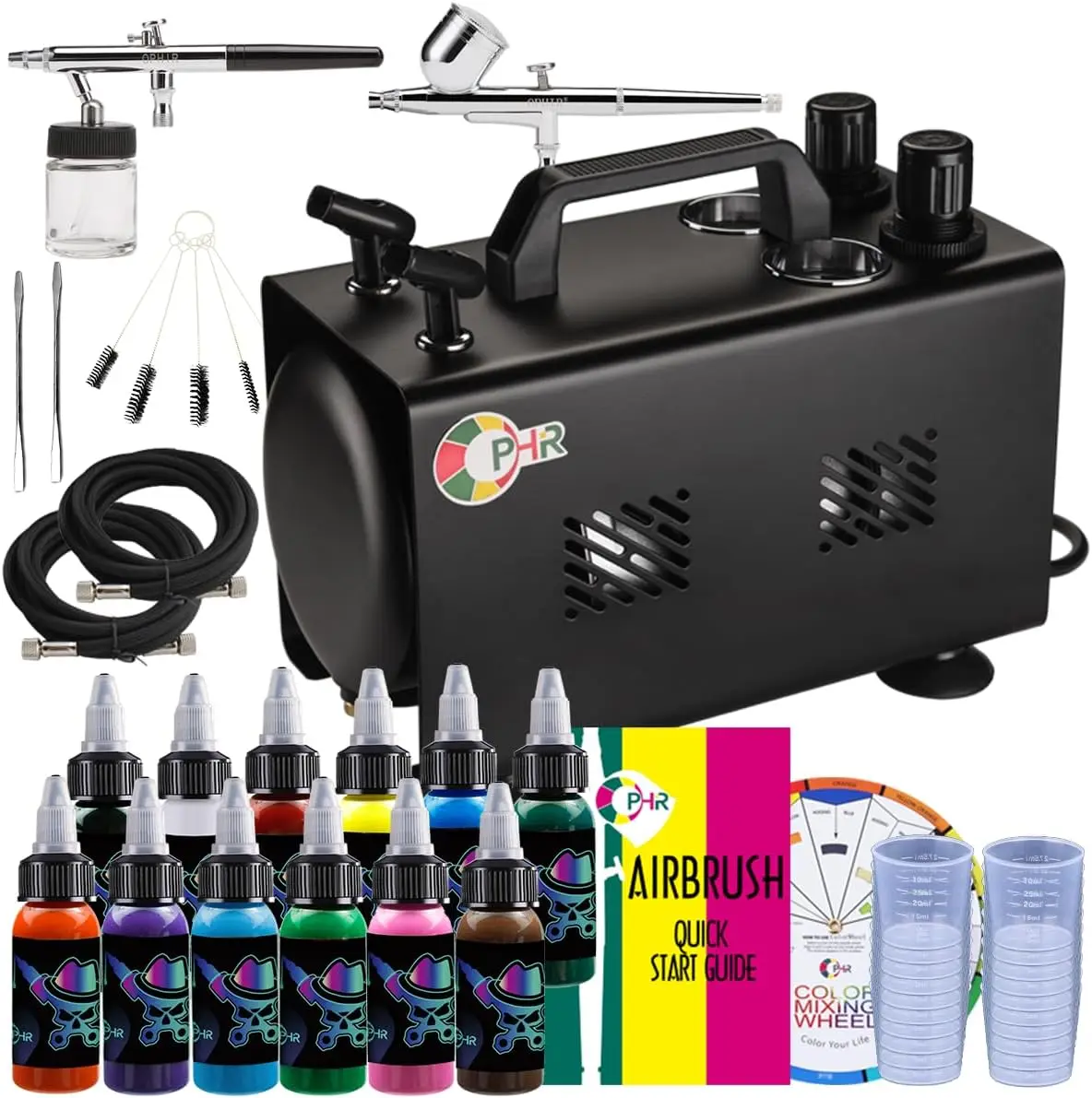 Airbrush Compressor Pintura Set, Air Brush Kit, 1L Air Tank, 2x Airbrushes Kit, 12 Cores de Tinta Acrílica