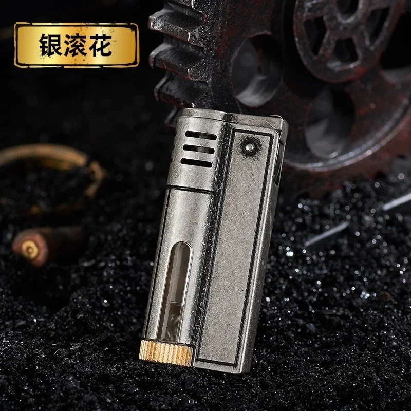 Transparent oil tank kerosene lighter, retro vintage retro grinding wheel, windproof classic business fire machine