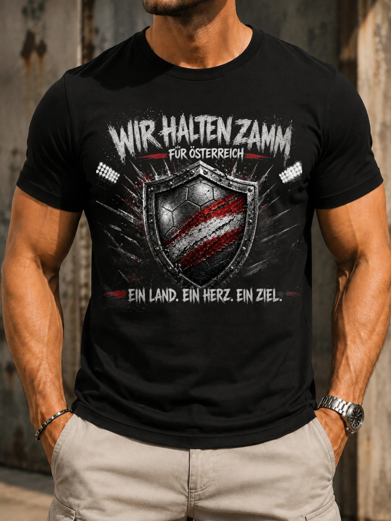 Wir Halten Zamm Fur osterreich, robuste, avec des lumières de stade autrichiennes et un texte unitaire audacieux, T-shirt unisexe