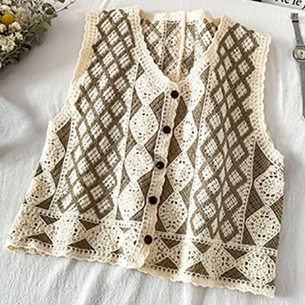 Sulaman Hollow keluar Crochet Crop Top rompi bergaris Cardigan rajutan renda Sweater rompi gaya Korea Patchwork