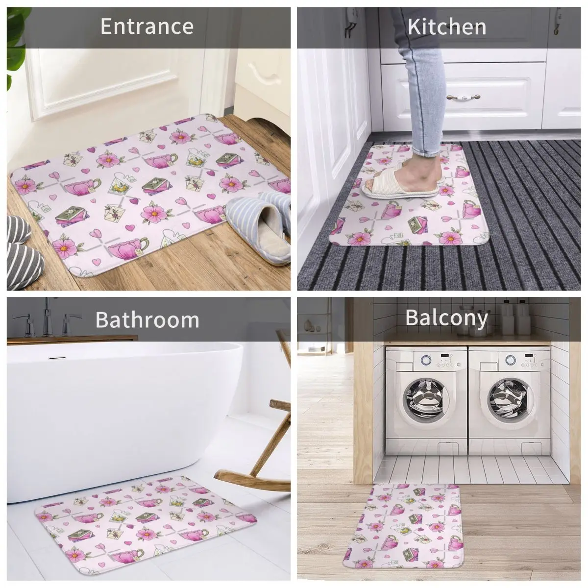 Tea Party For One Pattern - Pink Facecloth Non-Slip Floor Mat BedroomsThick And Comfortable, Durable Foot Mats