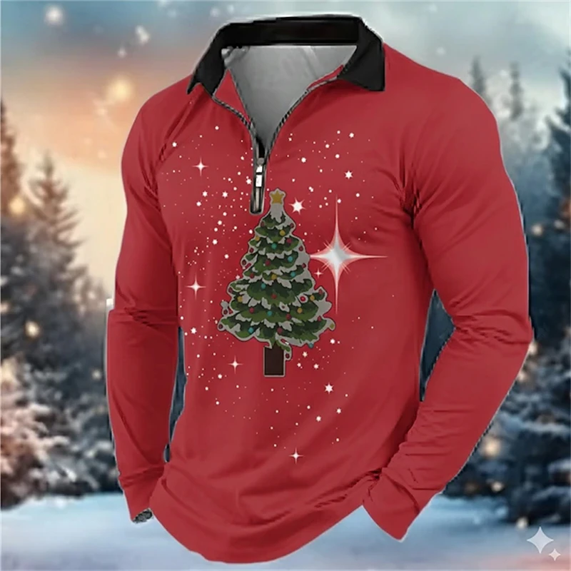 الرجال عيد الميلاد على غرار سحاب أكمام طويلة قميص بولو ثلاثية الأبعاد الكرتون شجرة عيد الميلاد نمط مريح تنفس قميص رجالي #1