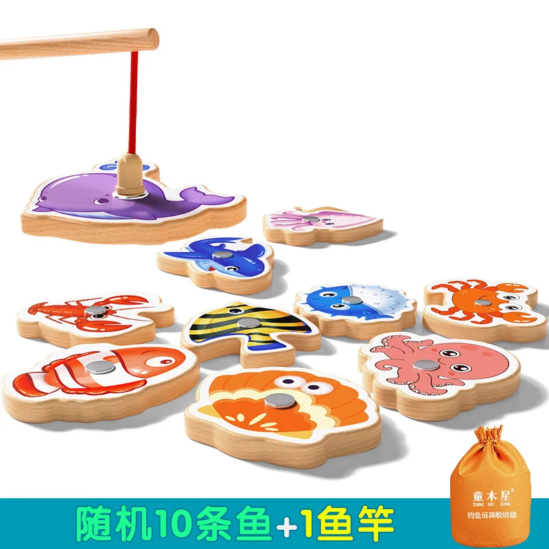 Giocattoli da pesca per bambini Educazione precoce magnetica in legno Cognizione Pesce oceano Puzzle genitore-figlio Pesca Gioco divertente per l'asilo