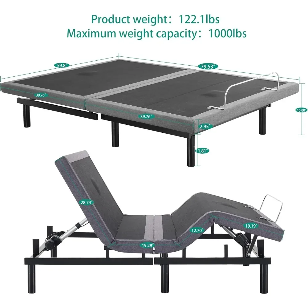 Queen Adjustable Bed Base with Lumbar Support，Head & Foot Incline，Back Massage，USB Ports，Wireless Remote，Electric Bed Frame