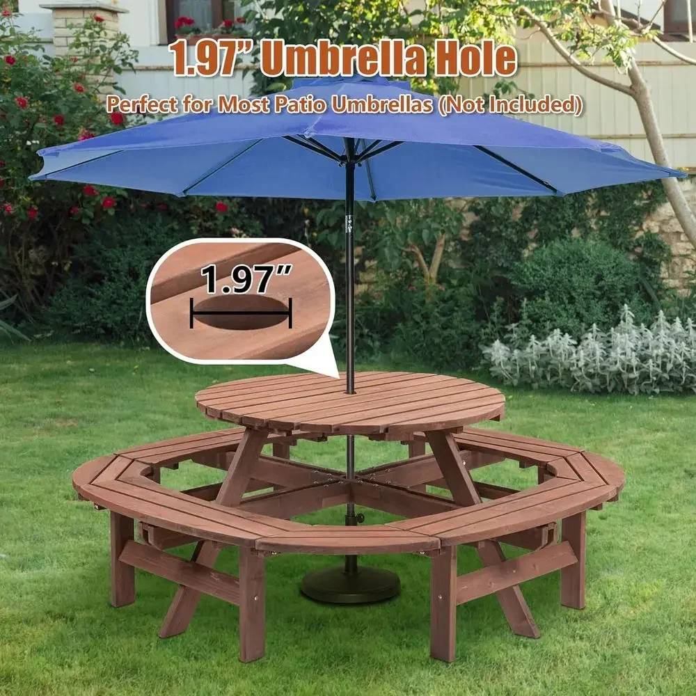 10-12 Person Outdoor Picnic Table, Round Picnic Table with 1 Built-in Ring Stool, Umbrella Hole, Outside Wood Picnics Table and