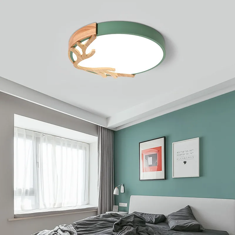 

Makaron Solid Wood Circular Ceiling Light For Children's Room Light Modern And Simple Nordic Deer Horn Creative Bedroom Light