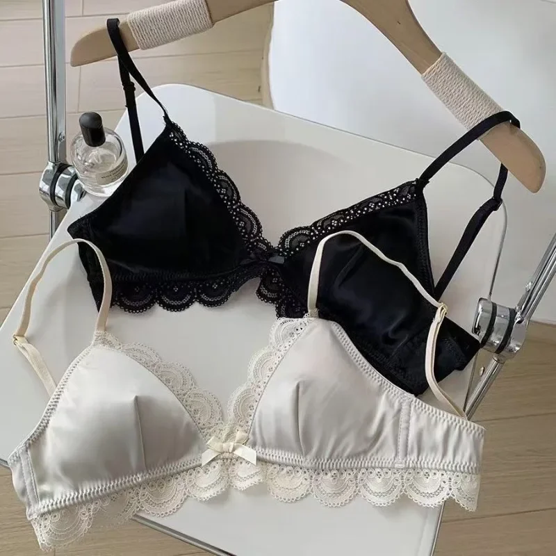 SP&CITY Korean Style Triangle Cup Bow Lace Bra for Women Small Chest Satin Underwear Sweet Girl Breathable Comfortable Soft Bra