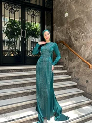 Luxurious Appliques Long Sleeve O Neck Muslim Evening  Dresses  Formal Party  Hijab Women Arabic Kaftan Robe