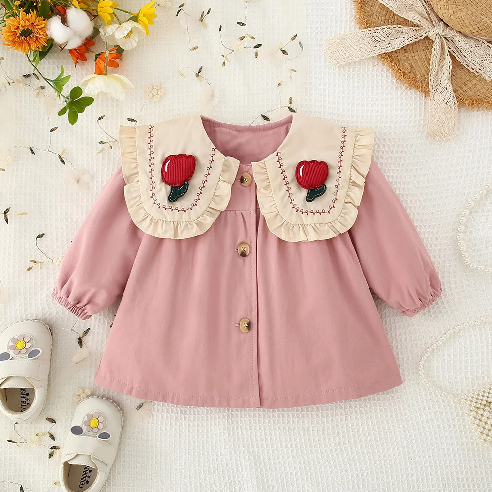 2023 Autumn Baby Jacket New Baby Girl Flowers Doll Neck Windbreaker Coat Korean Solid Cardigan Windbreaker