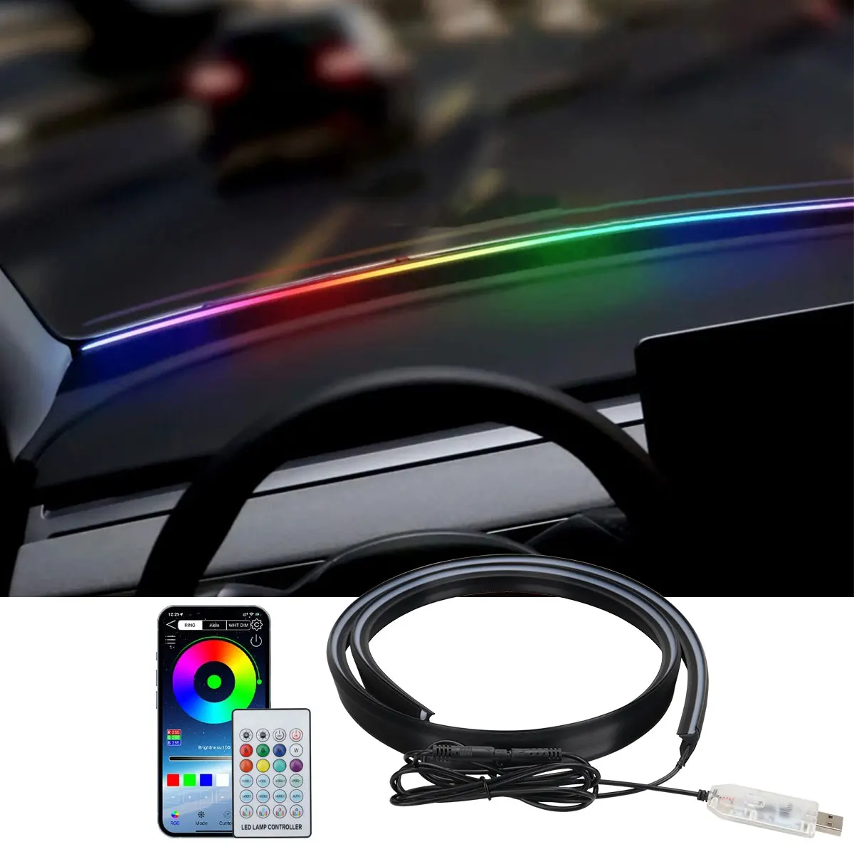 140/150CM Car Interior Symphony Front Soundproofing Strip Instrument Panel Atmosphere Light LED Hidden Strip Light APP Remote