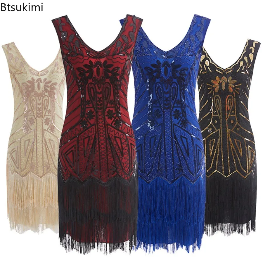 Retro 1920s Gatsby Dance Dress Evening Party Gown Women New V-Neck Fashionable Beaded Sequin Long Fringed Sleeveless Midi Skirt