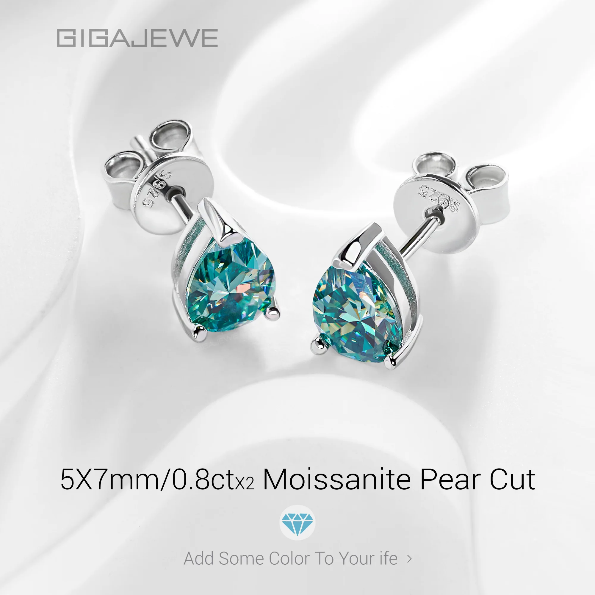 GIGAJEWE S925 Sterling Silver Pear Shaped Cyan Moissanite Stud Earrings 1.6ct 18K Gold Plated Fashion Luxury Wedding Party Fine