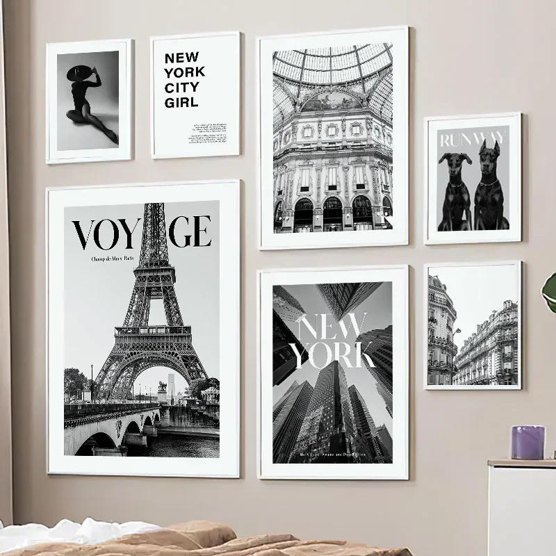 Paris Towel New York Build Dobermann Wall Art Canvas Painting Print Wall Picture Living Room Decoration Black White Posters Club