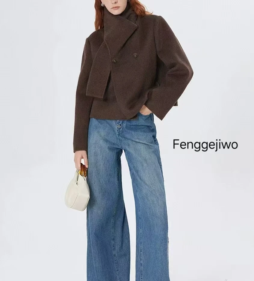 Fenggejiwo scarf collar double-sided woolen short woolen coat with high-end feel, one-piece scarf style woolen coat