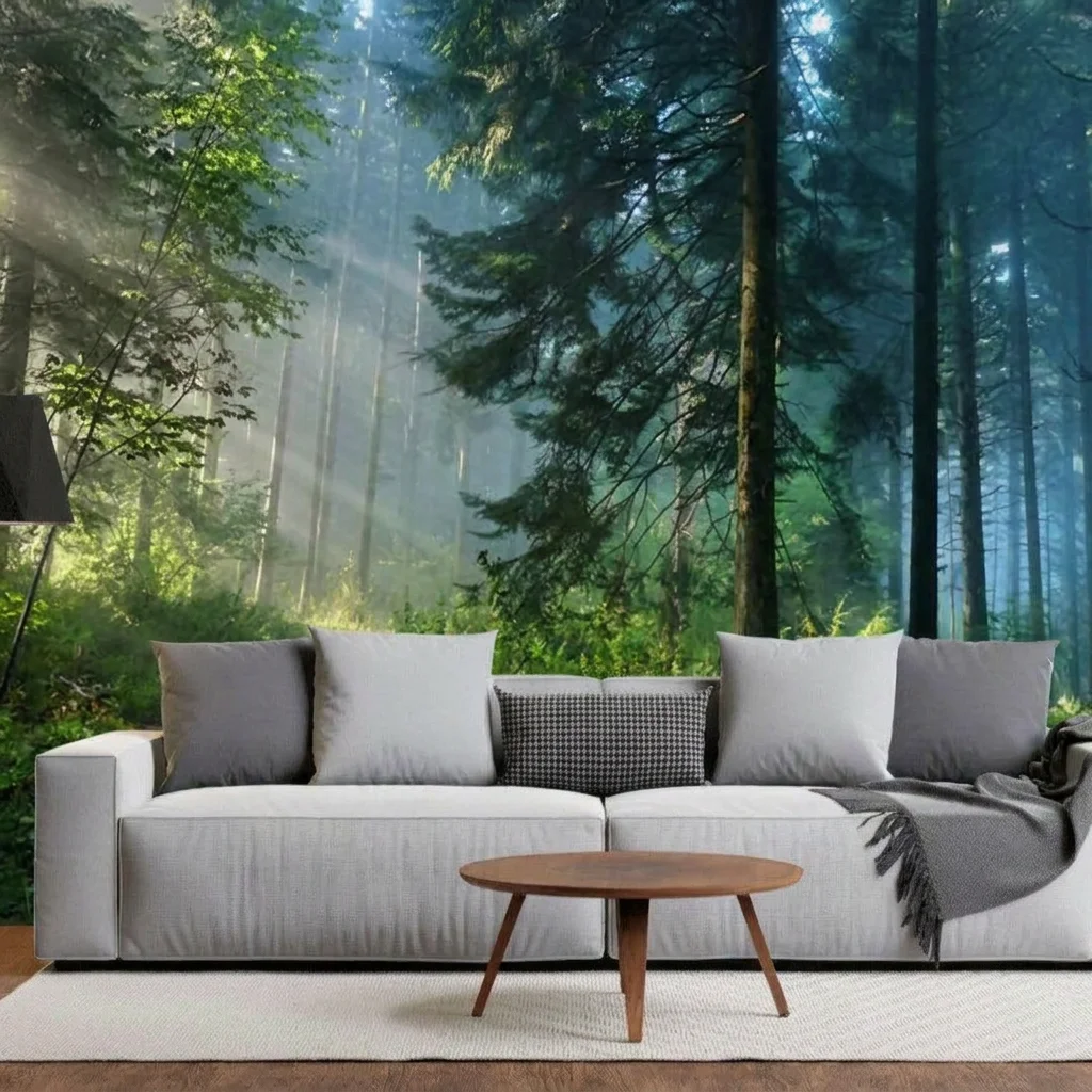 Dense forest pierced by morning light, towering coniferous trees, bedroom background wall, self-adhesive material.