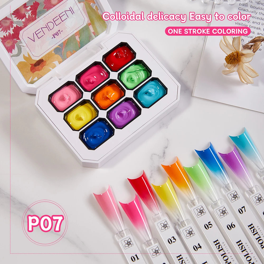 Vendeeni 9 Griglia Estate Arcobaleno Colori Accarezzamento Pittura Gel Smalto per unghie UV Soak Off Gel Vernice Effetto sfumato Pat Gel Lacca